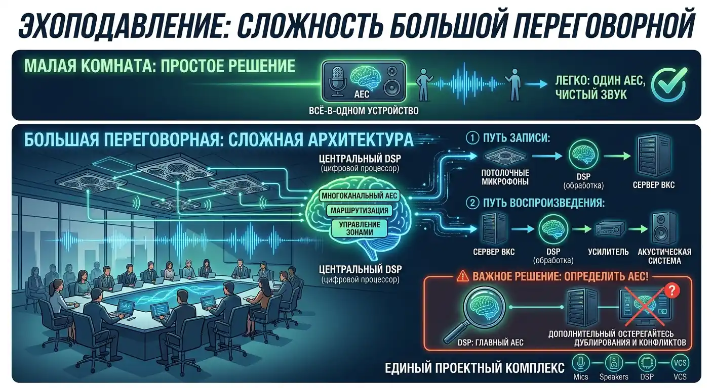 эхоподавление в большой переговорной комнате