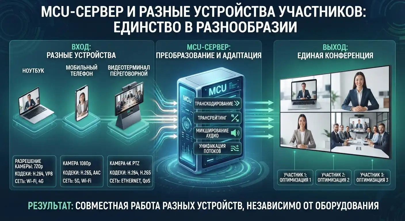 mcu-сервер и разные устройства участников